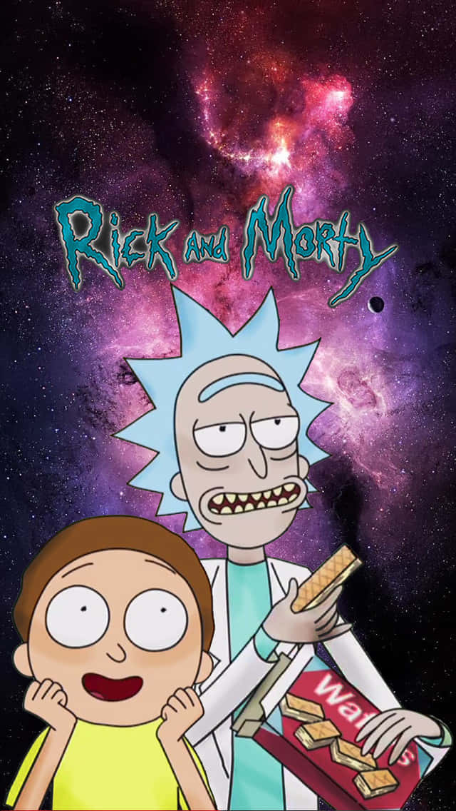Rick And Morty Backwoods 桌布 壁紙 — 瑞克和莫蒂站在充滿活力的宇宙星雲背景下，手持一盒 Wall's 冰淇淋。