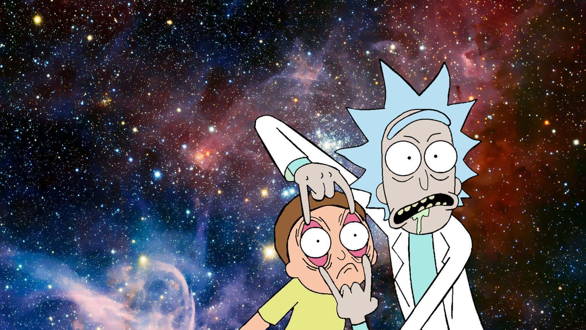 瑞克和莫蒂 桌布 壁紙 — 瑞克和莫蒂站在充滿活力的宇宙星雲中，身後有星星和色彩繽紛的雲朵。