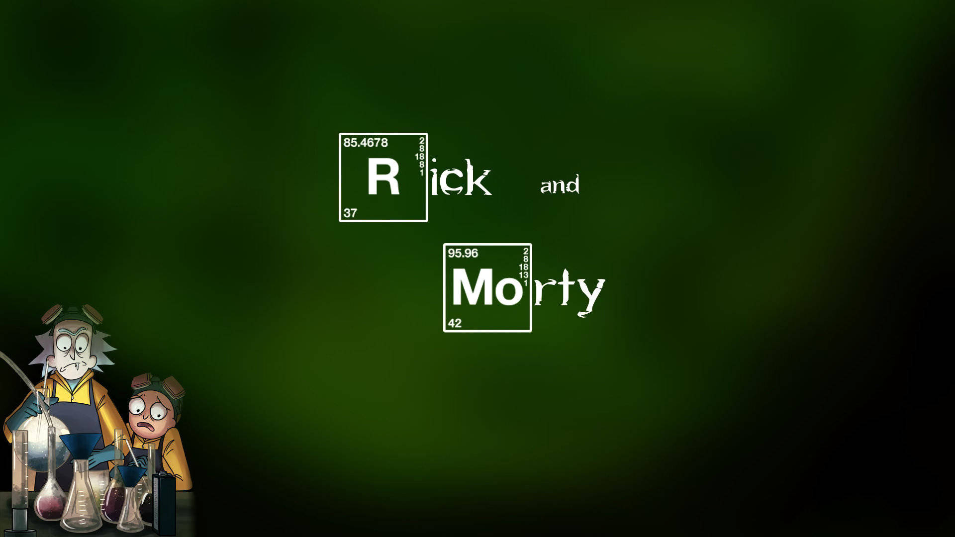 rick 桌布 壁紙 — 瑞克和莫蒂站在實驗室設備旁邊，背景為深綠色漸變，他們的名字以元素週期表風格呈現。
