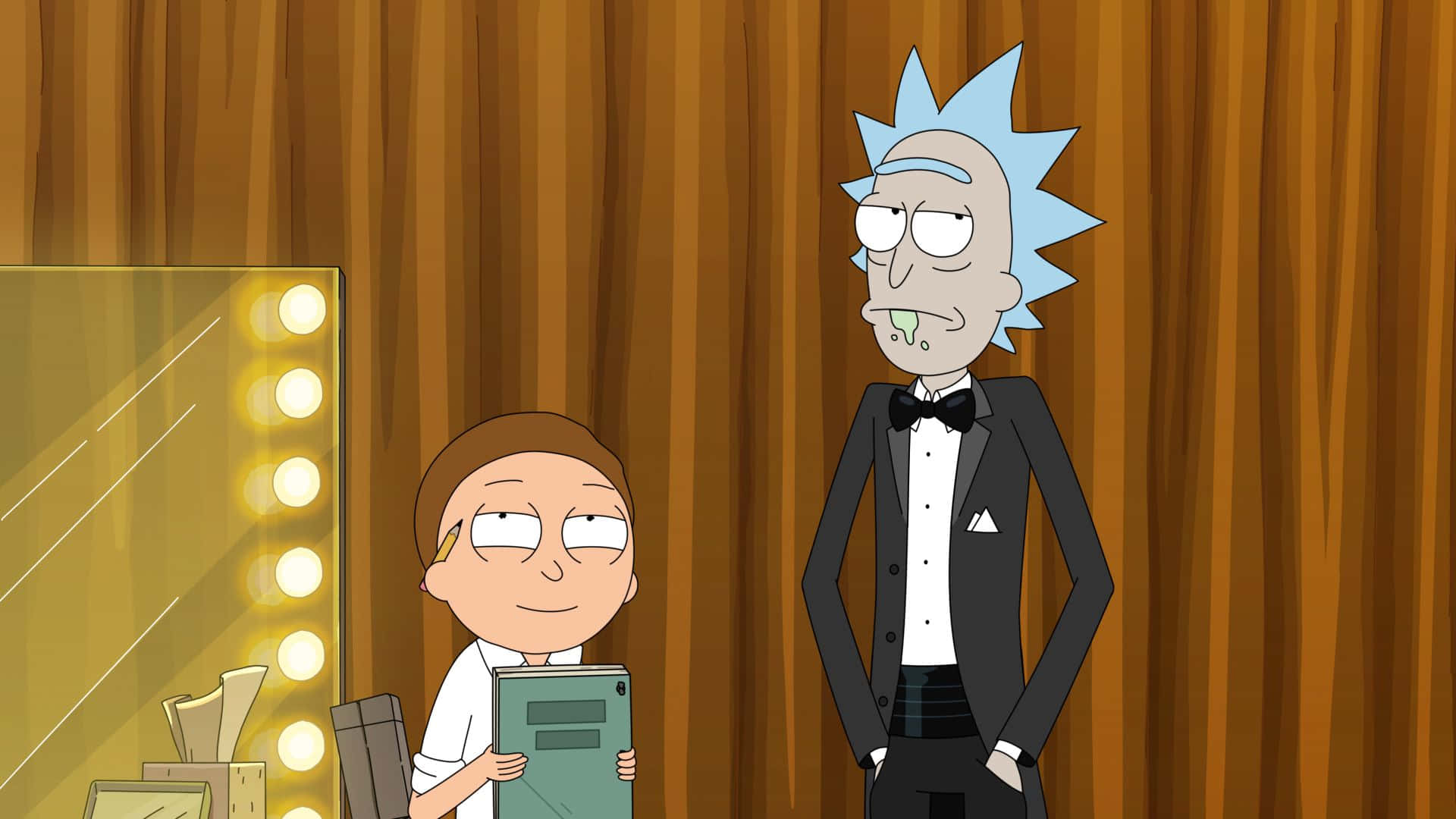 Rick And Morty 1920x1080 桌布 壁紙 — 瑞克和莫蒂站在後台化妝間，身後有發光的鏡子和木製窗簾。