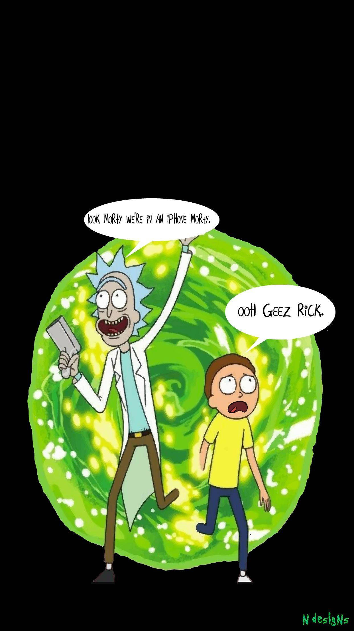 rick 桌布 壁紙 — 瑞克和莫蒂站在旋轉的綠色傳送門中，瑞克驚呼他們在iPhone裡，莫蒂。