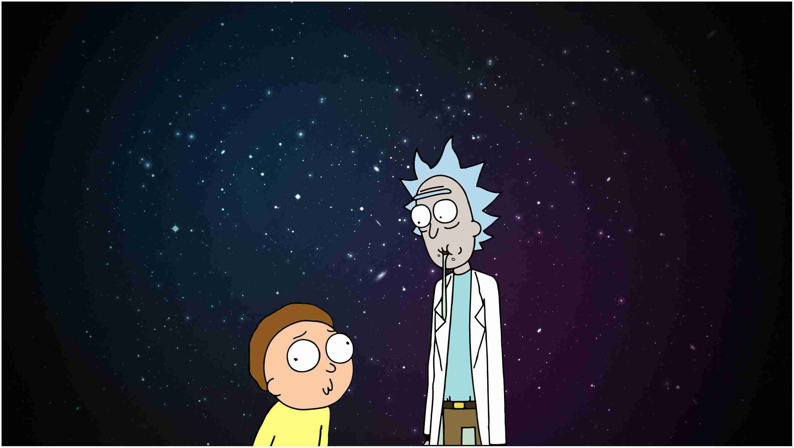 Morty Smith 桌布 壁紙 — 瑞克和莫蒂站在星光燦爛的宇宙背景下，睜大眼睛的表情。