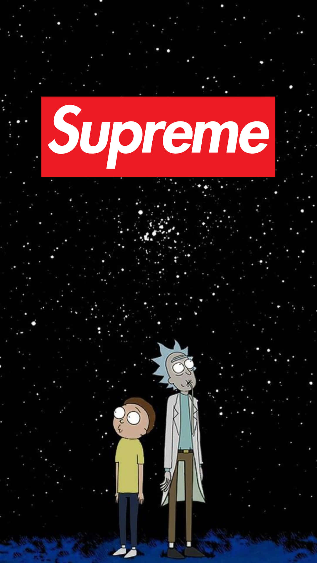 桌布 壁紙 — 瑞克和莫蒂站在星空夜空背景上，下方是紅色Supreme標誌。