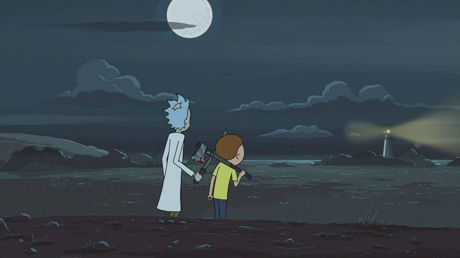 rick 桌布 壁紙 — 瑞克和莫蒂站在月光照耀的岩石海岸上，凝視著遠處穿過烏雲的燈塔光束。