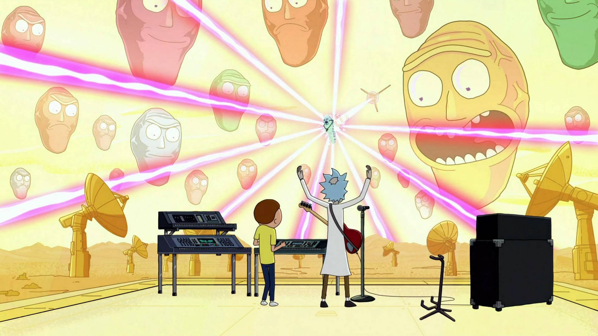 dope rick and morty 桌布 壁紙 — 瑞克和莫蒂站在沙漠舞台上，周圍環繞著漂浮的外星人頭顱和粉紅色雷射光束。