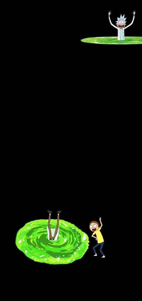 Rick And Morty Portal 桌布 壁紙 — 瑞克和莫蒂站在發光的綠色傳送門頂端，背景是黑色虛空，高舉雙臂慶祝勝利。
