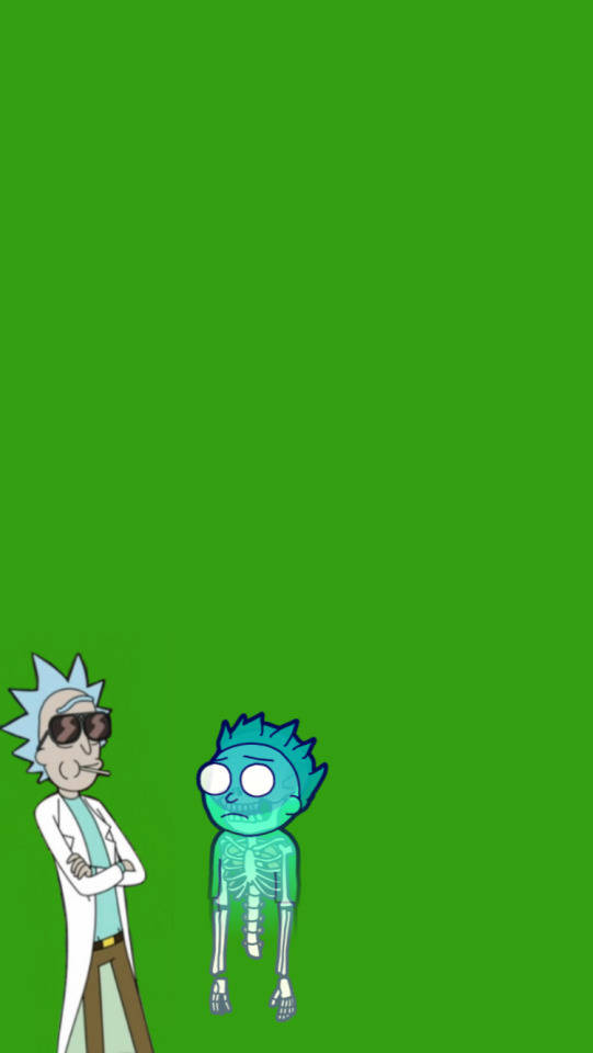 rick 桌布 壁紙 — 瑞克和莫蒂站在純綠色背景前，瑞克露出得意的笑容，莫蒂則顯得苦惱。
