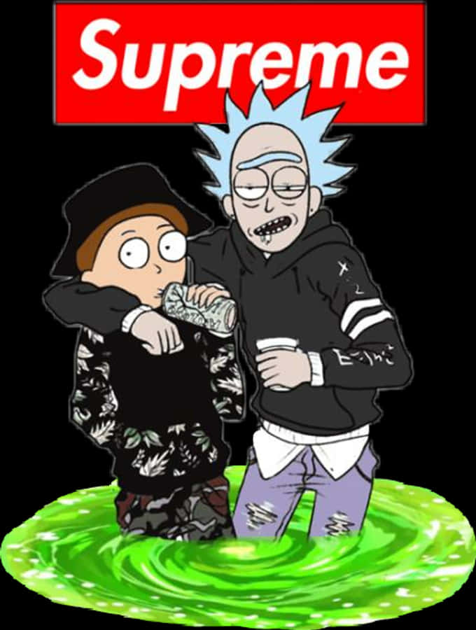 桌布 壁紙 — 瑞克和莫蒂站在黑色背景上紅色Supreme標誌下方發光的綠色傳送門中。