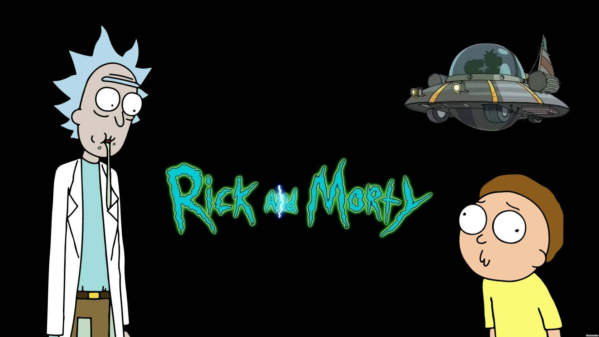 Rick And Morty 1920x1080 桌布 壁紙 — 瑞克和莫蒂站在黑色背景前，飛船和發光標題在他們上方。