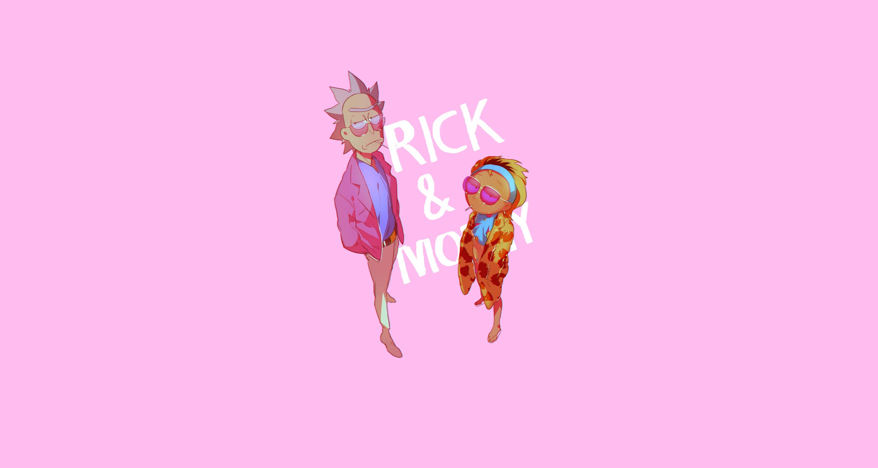 rick 桌布 壁紙 — 瑞克和莫蒂自信地穿著鮮豔服裝，站在純粉紅色背景前，他們的名字以風格化的白色文字呈現。
