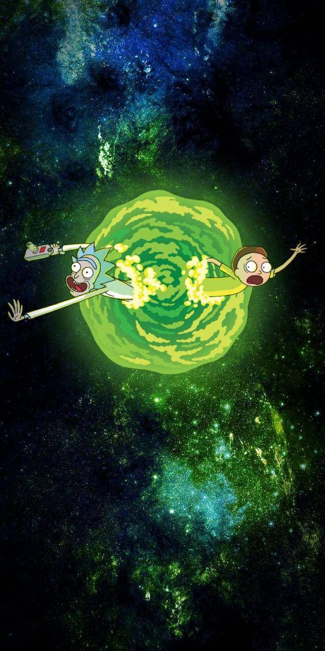 rick 桌布 壁紙 — 瑞克和莫蒂被一個旋轉的綠色傳送門猛烈地拋向太空，背景是星光燦爛的宇宙。