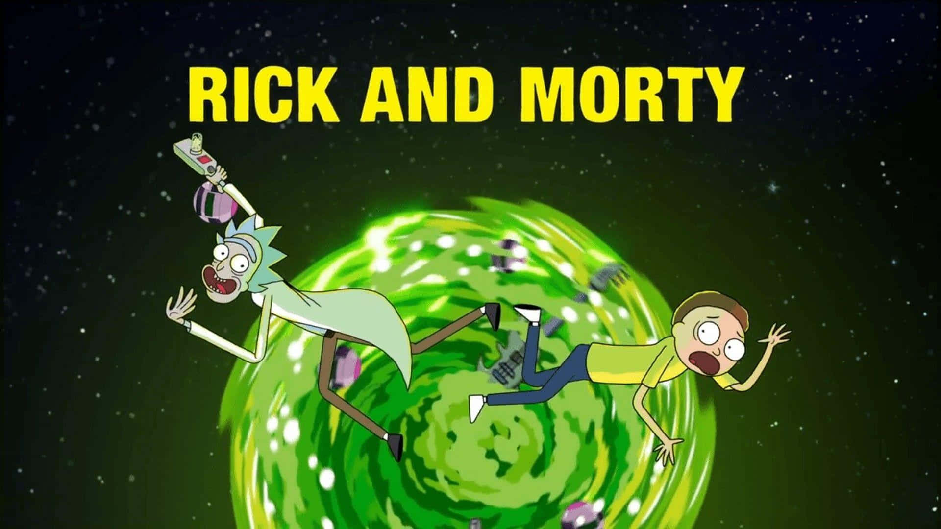 Rick Sanchez 桌布 壁紙 — 瑞克和莫蒂被猛烈吸入一個旋轉的綠色傳送門，背景是星空。