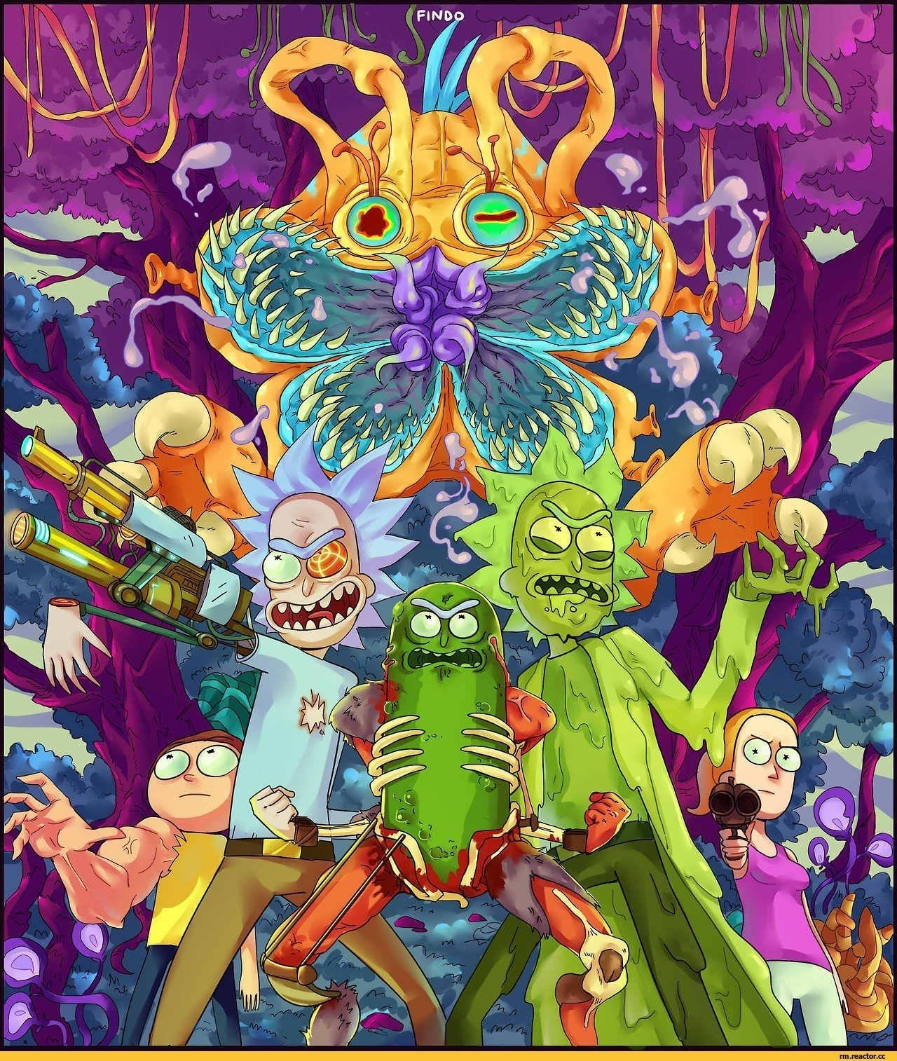 rick 桌布 壁紙 — 瑞克和莫蒂角色在超現實的紫色叢林中對抗巨型外星蝴蝶。