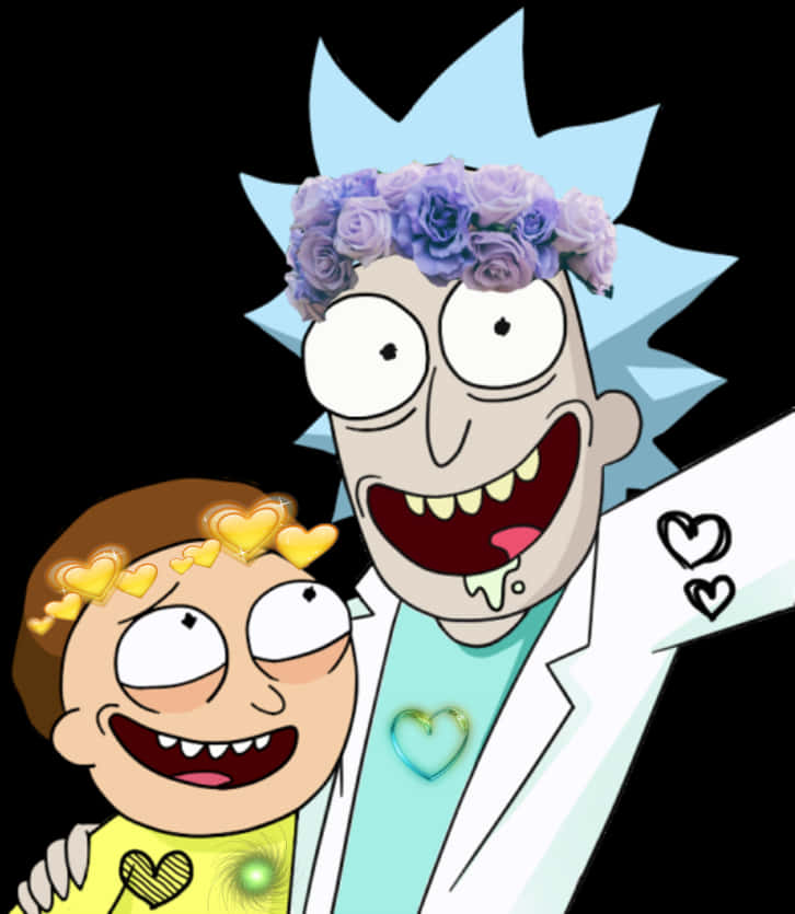 Rick Sanchez 桌布 壁紙 — 瑞克和莫蒂開心地微笑，瑞克戴著紫色玫瑰皇冠和心形裝飾，背景為黑色。