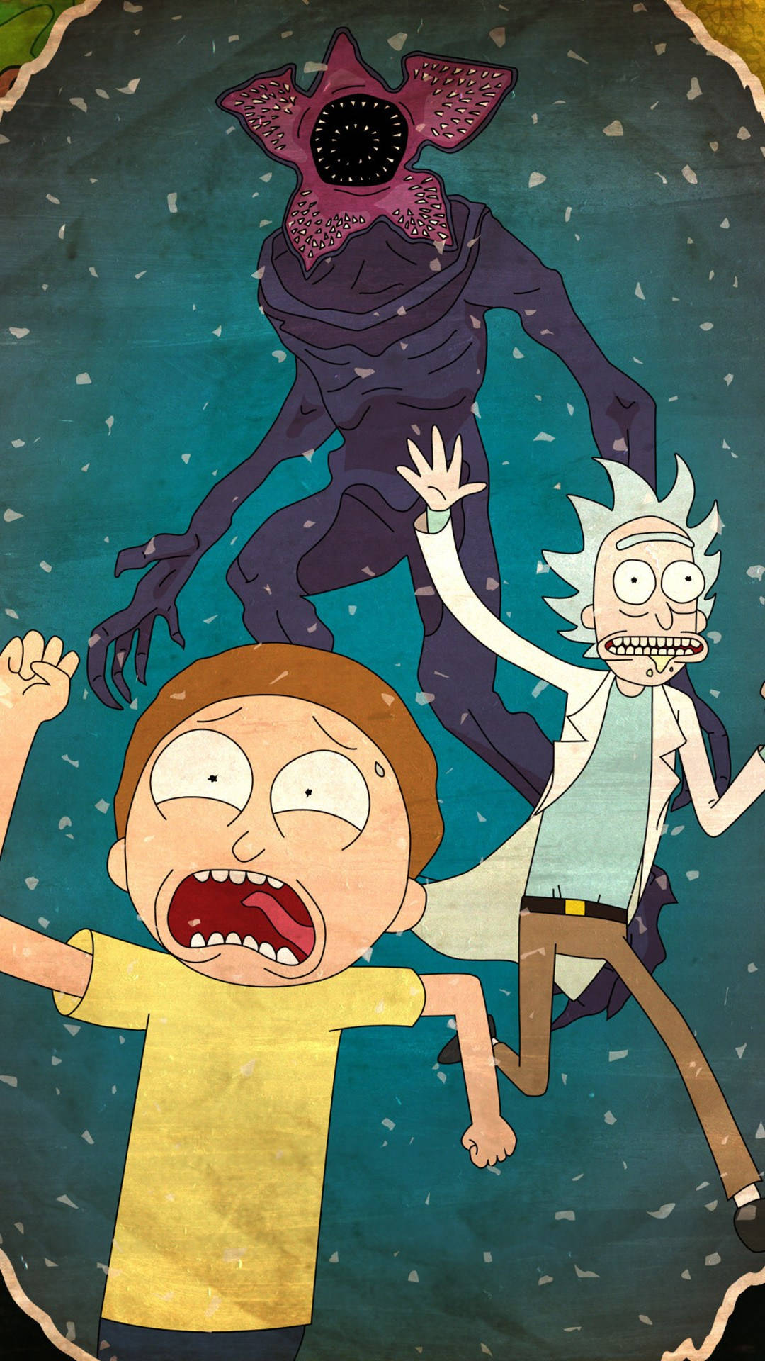 rick 桌布 壁紙 — 瑞克和莫蒂驚恐尖叫，因為一個頭部呈星形的巨大紫色外星人潛伏在他們身後。