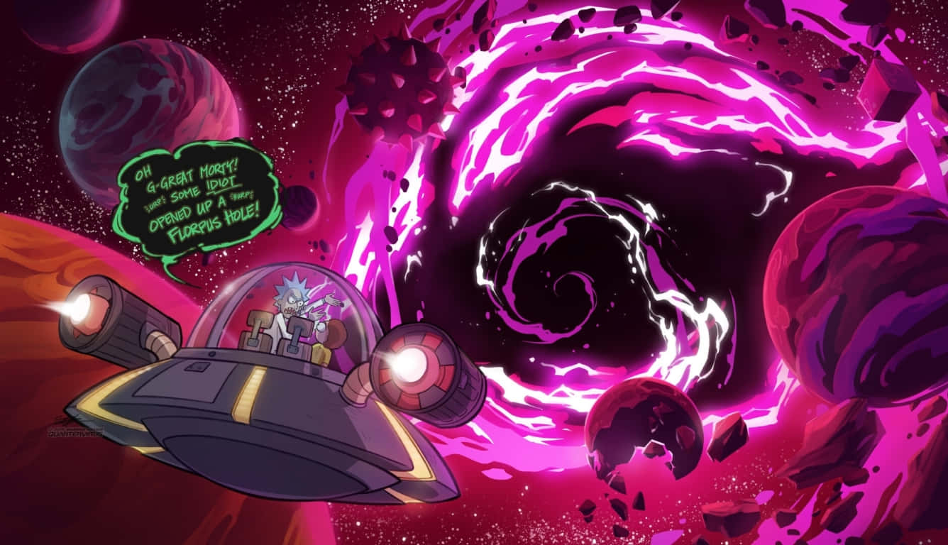 Rick And Morty Laptop 桌布 壁紙 — 瑞克駕駛他的太空船穿過一個旋轉的粉紅色宇宙漩渦，周圍環繞著漂浮的行星和小行星。