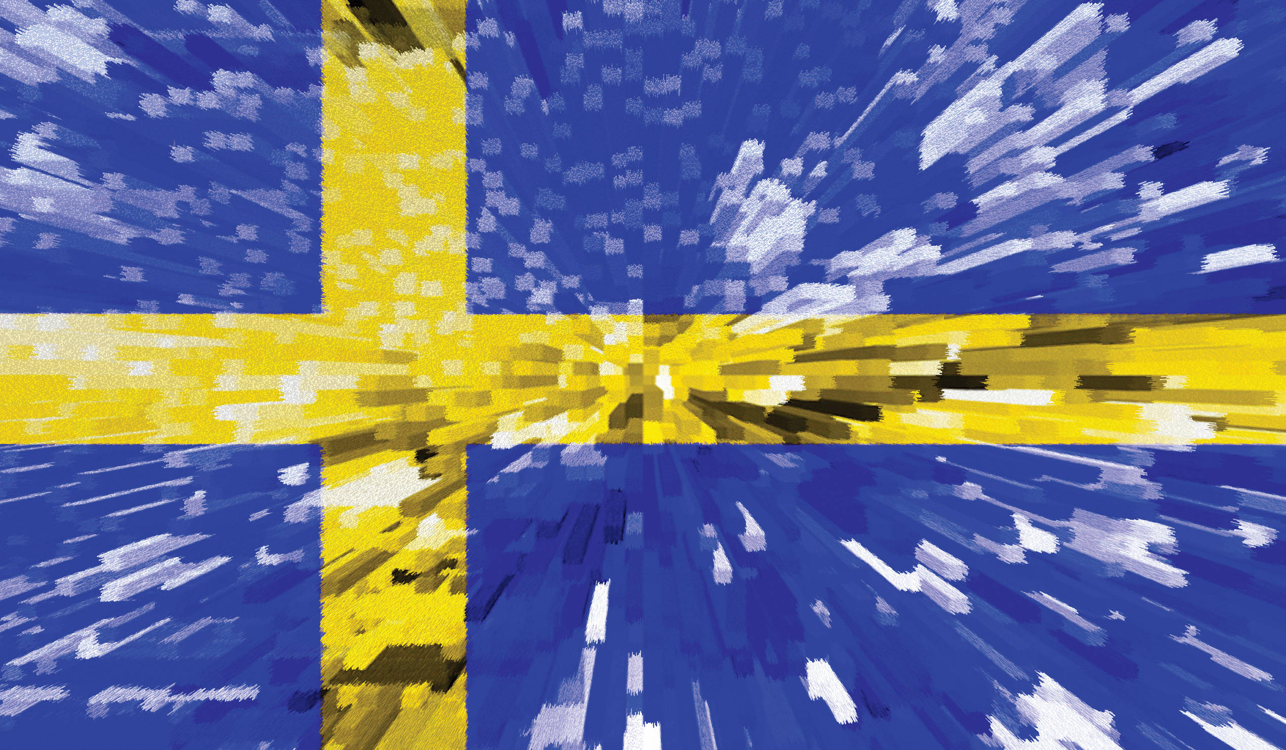 Sweden 桌布 壁紙 — 瑞典國旗的動態數位藝術演繹，大膽的黃色十字穿過帶紋理的藍色區域向外輻射。