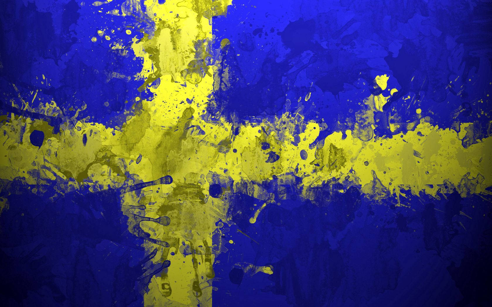 Sweden 桌布 壁紙 — 瑞典國旗的大膽抽象演繹，鮮黃色十字架濺在深藍色紋理畫布上。