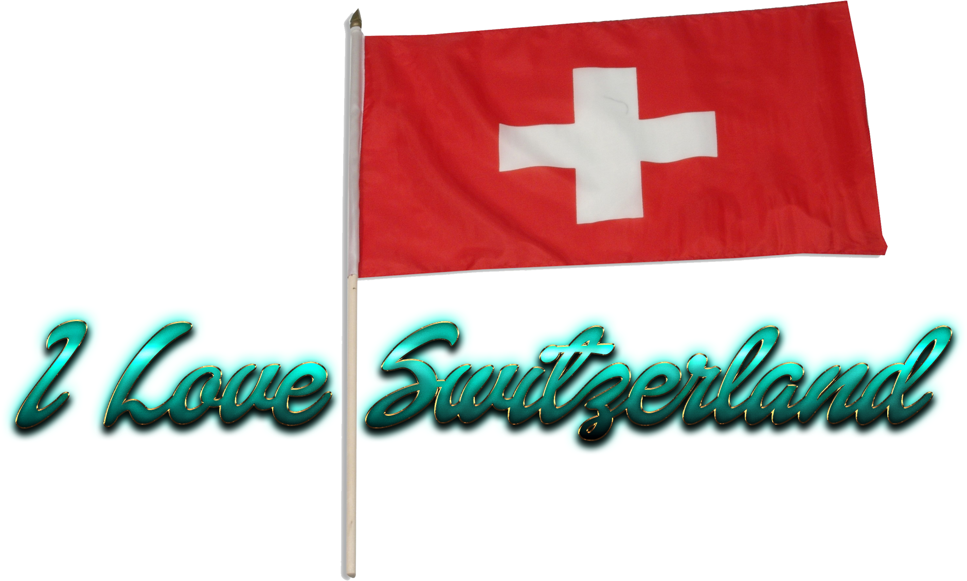 瑞士 桌布 壁紙 — 瑞士國旗在黑色背景上，於發光的青綠色「I Love Switzerland」文字上方自豪地飄揚。
