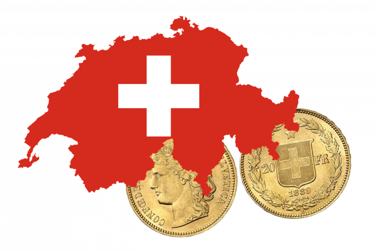 瑞士 桌布 壁紙 — 瑞士國旗地圖輪廓，紅色背景上有白色十字，疊加兩枚復古金色瑞士法郎硬幣，黑色背景。