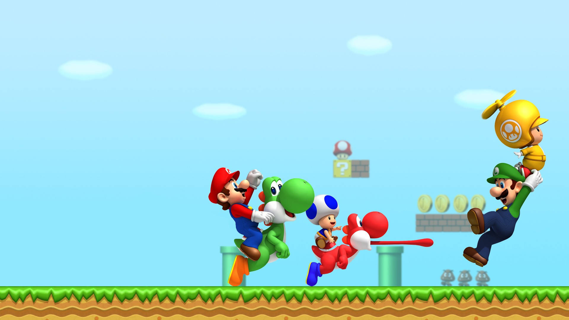 Mario And Luigi 桌布 壁紙 — 瑪利歐、路易吉、耀西和奇諾比奧在晴朗藍天和 fluffy 雲朵下，跳過一個明亮的綠色平台。
