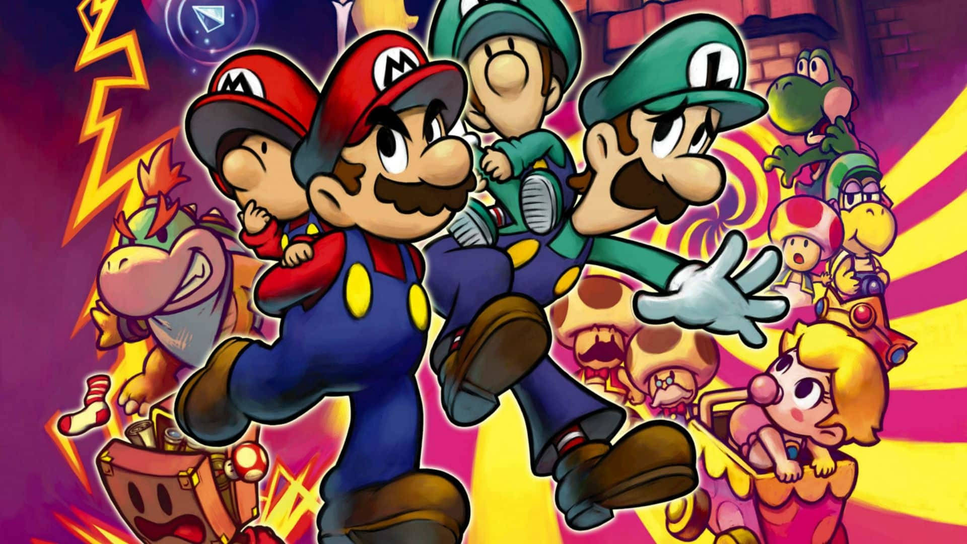 Mario And Luigi 桌布 壁紙 — 瑪利歐、路易吉和朋友們在充滿活力的迷幻背景前動態跳躍，能量四射。