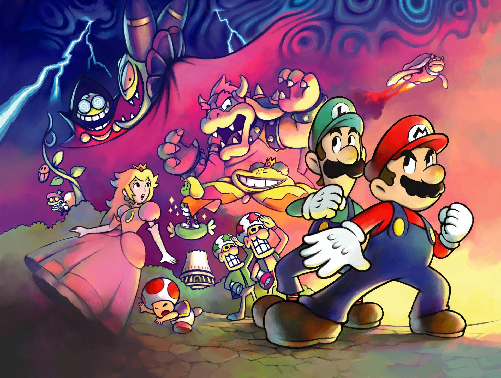 Mario And Luigi 桌布 壁紙 — 瑪利歐、路易吉和碧姬公主準備就緒，庫巴和其他反派在風暴般的色彩繽紛奇幻場景中威脅性地逼近。