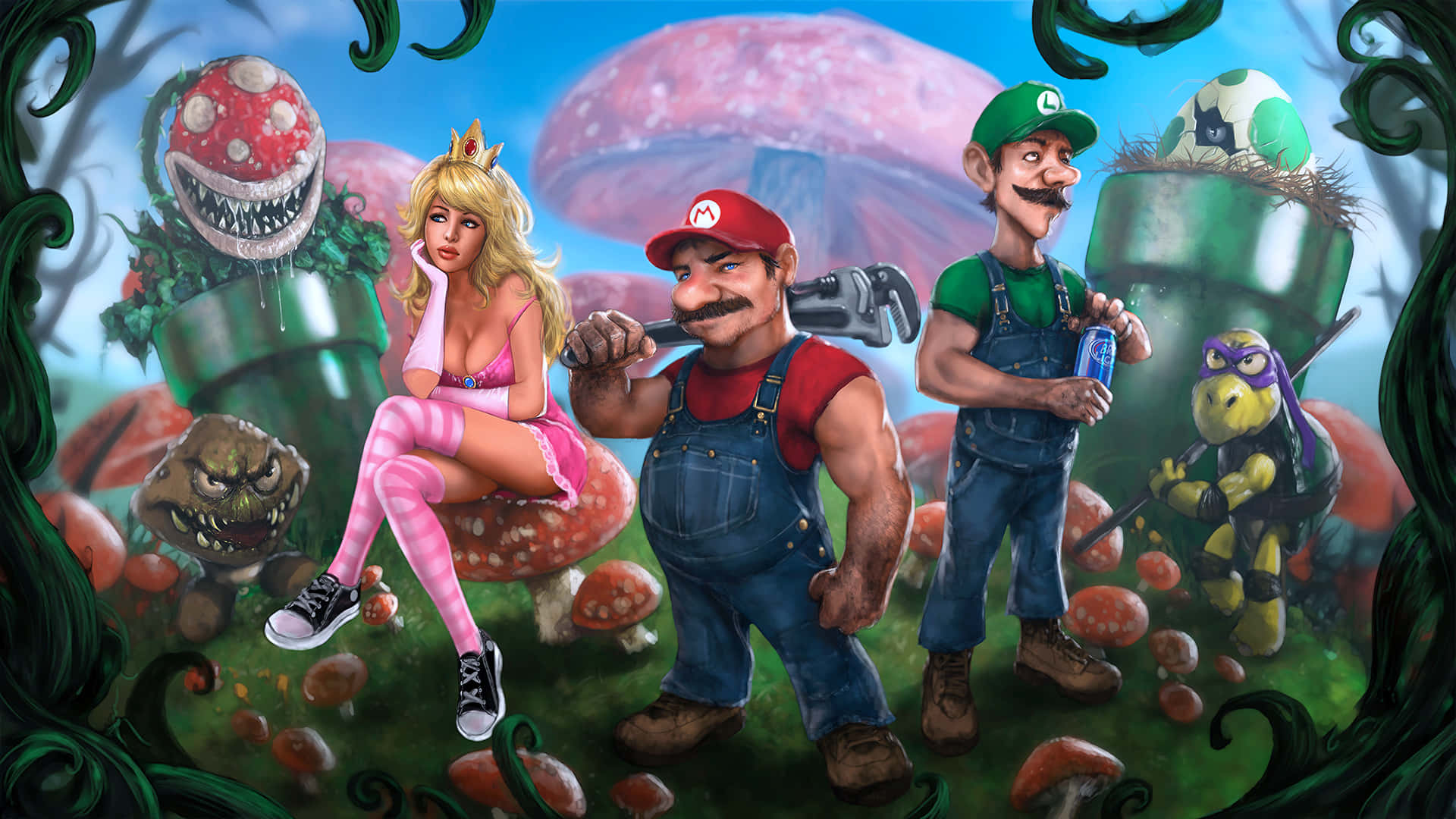 piranha plant 桌布 壁紙 — 瑪利歐、路易吉和碧姬與忍者龜在一個奇特的蘑菇森林中擺姿勢，周圍有巨大的肉食植物。