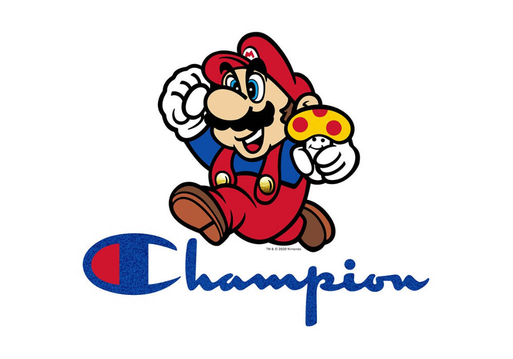Champion Logo 桌布 壁紙 — 瑪利歐以經典卡通風格，愉快地拿著蘑菇，在Champion標誌上方擺姿勢。