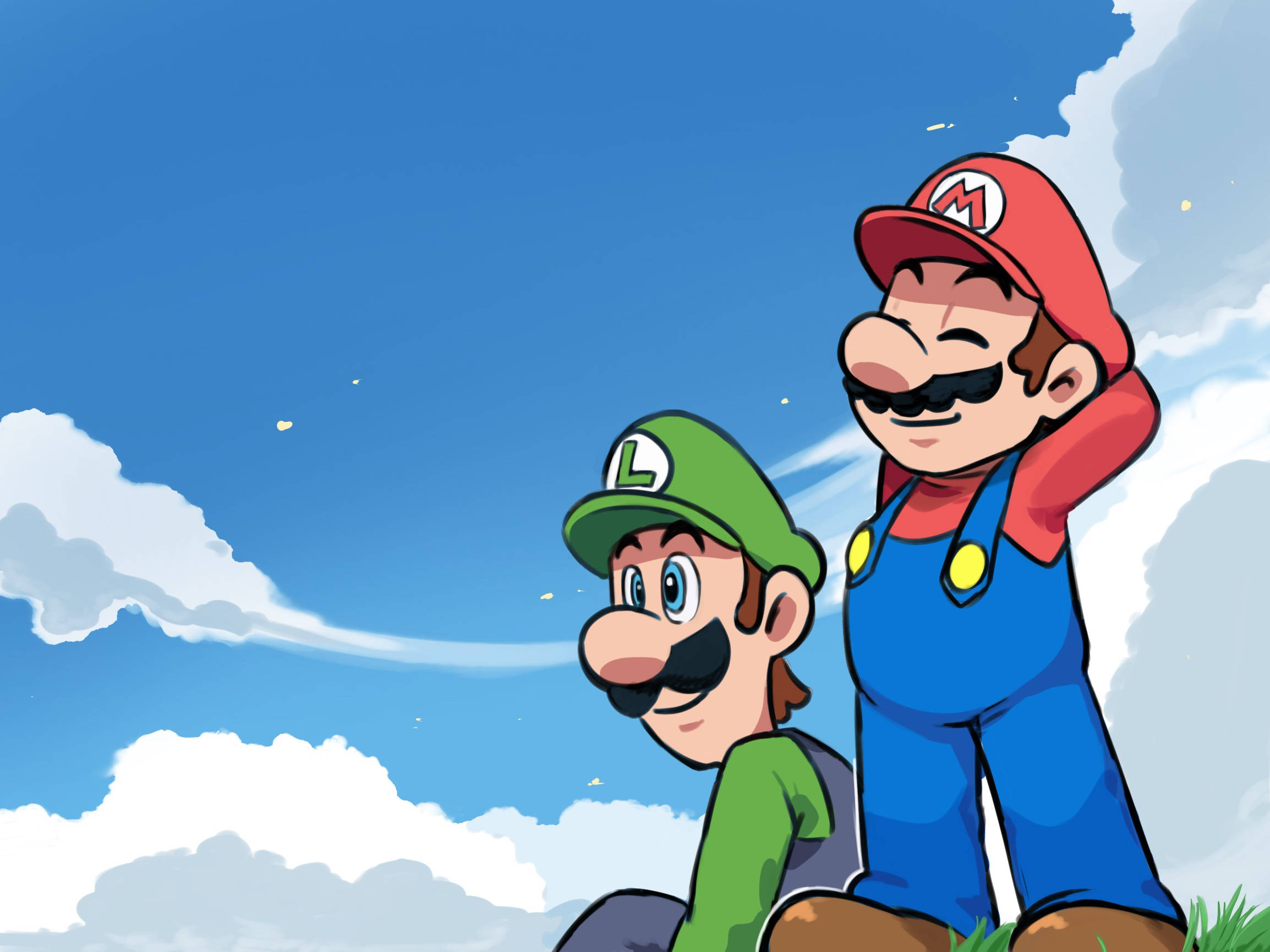 Mario And Luigi 桌布 壁紙 — 瑪利歐和路易吉並肩站在明亮的藍天下，天空中有蓬鬆的白雲。