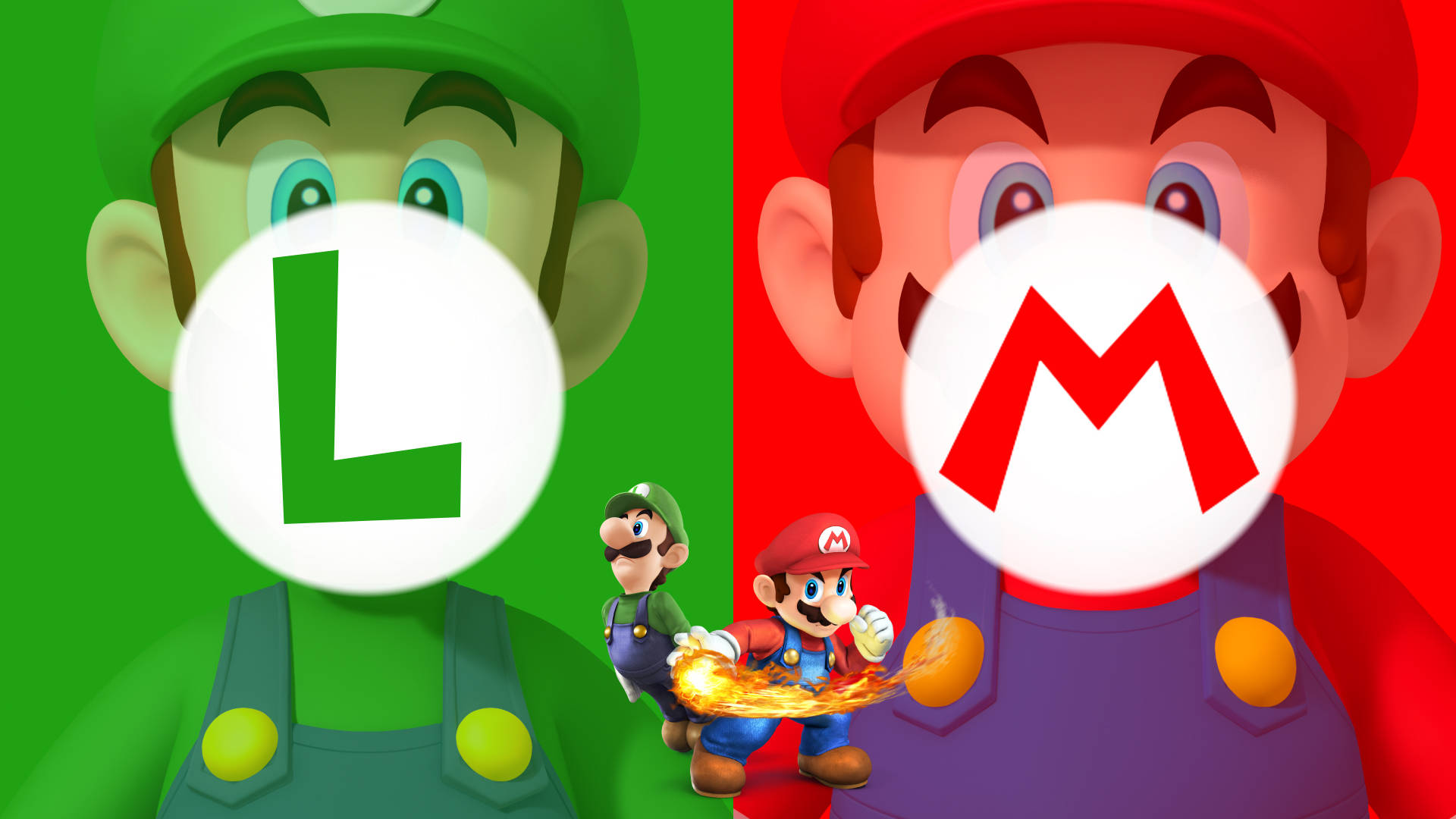 Mario And Luigi 桌布 壁紙 — 瑪利歐和路易吉並肩站立，臉上覆蓋著巨大的字母圓圈，下方的小版本他們拿著一個火球。