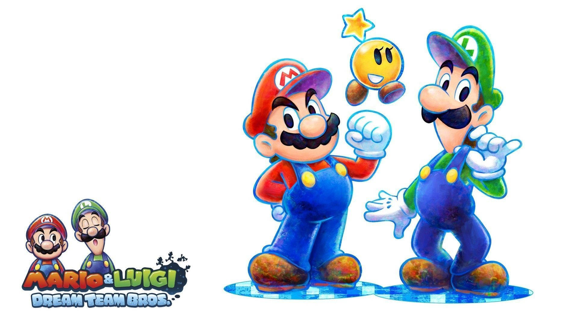 Mario And Luigi 桌布 壁紙 — 瑪利歐和路易吉以鮮豔的卡通風格並肩站立，他們上方有一顆漂浮的星星，背景是純白色。