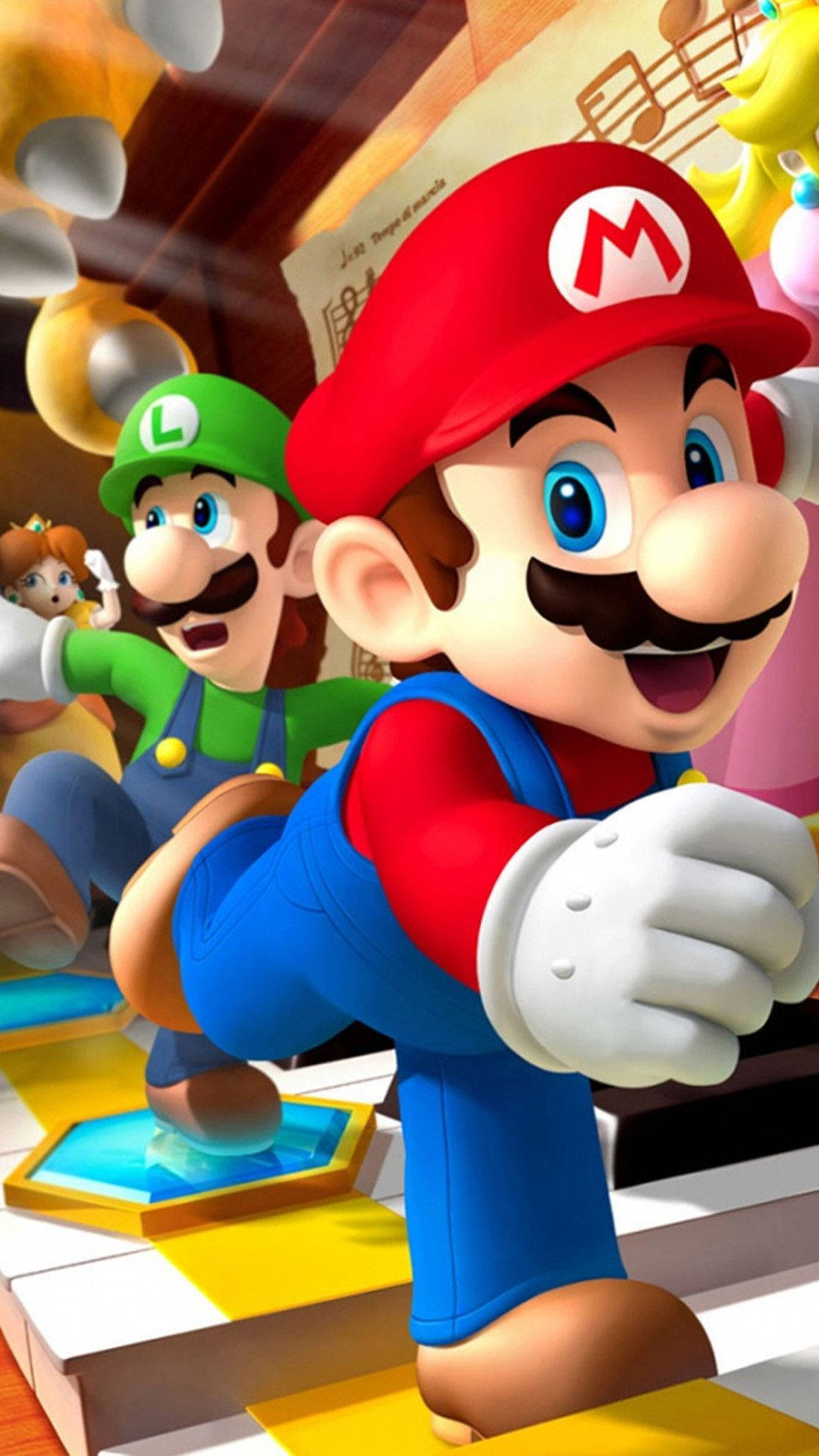 Mario And Luigi 桌布 壁紙 — 瑪利歐和路易吉在一個充滿活力的3D渲染遊戲場景中向前跳躍，場景中有色彩繽紛的平台和漂浮的金幣。