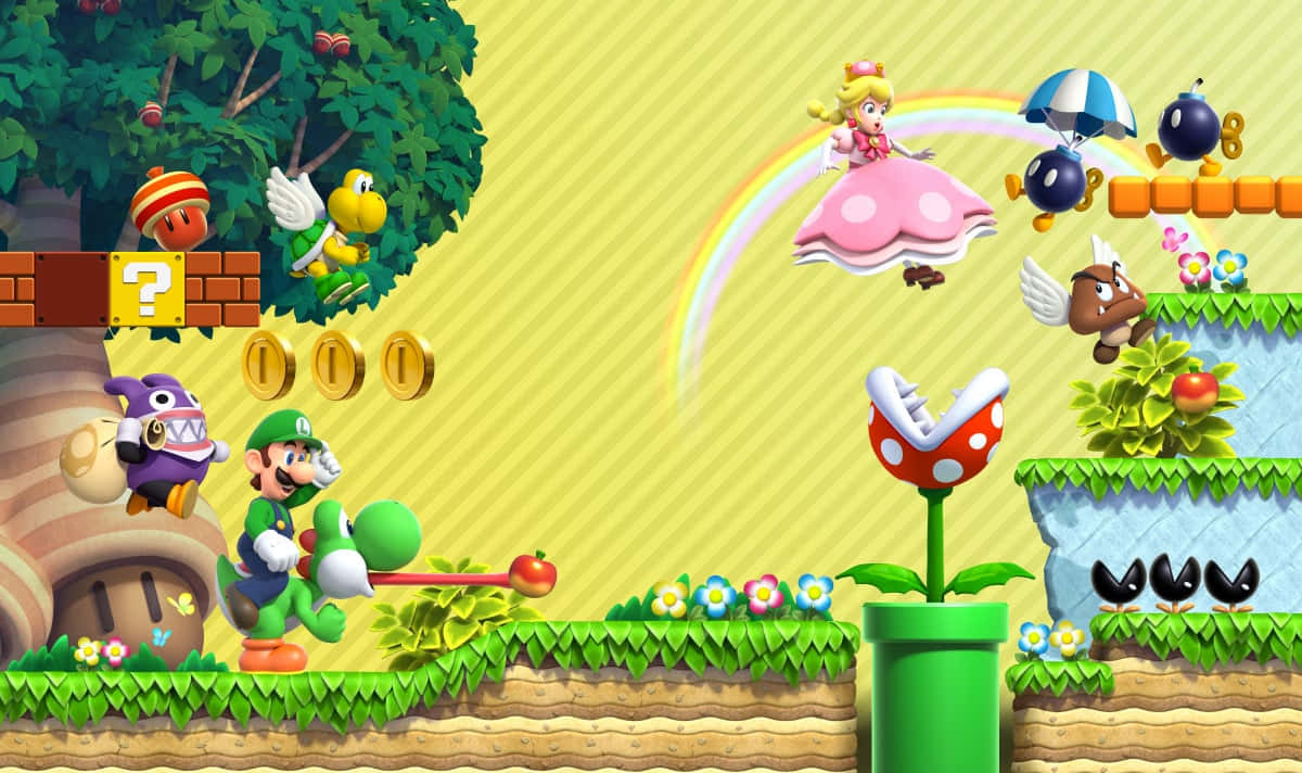 Mushroom Kingdom 桌布 壁紙 — 瑪利歐和路易吉在充滿活力的2D平台遊戲場景中與敵人戰鬥，背景有彩虹和栗寶寶敵人。