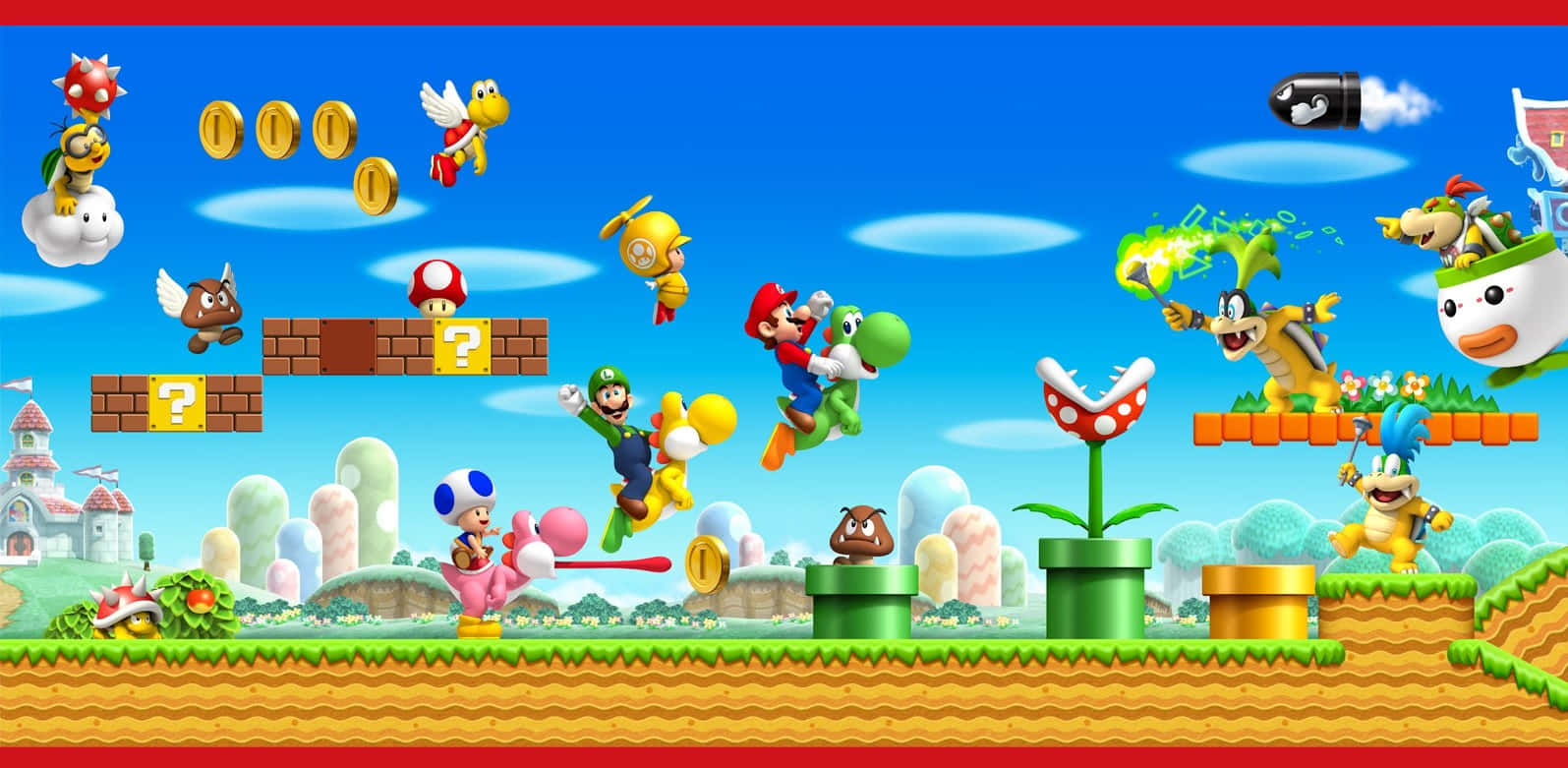 Mushroom Kingdom 桌布 壁紙 — 瑪利歐和路易吉在明亮的藍天下，跳過一個充滿Goombas、Koopa Troopas和強化道具的鮮豔2D平台關卡。