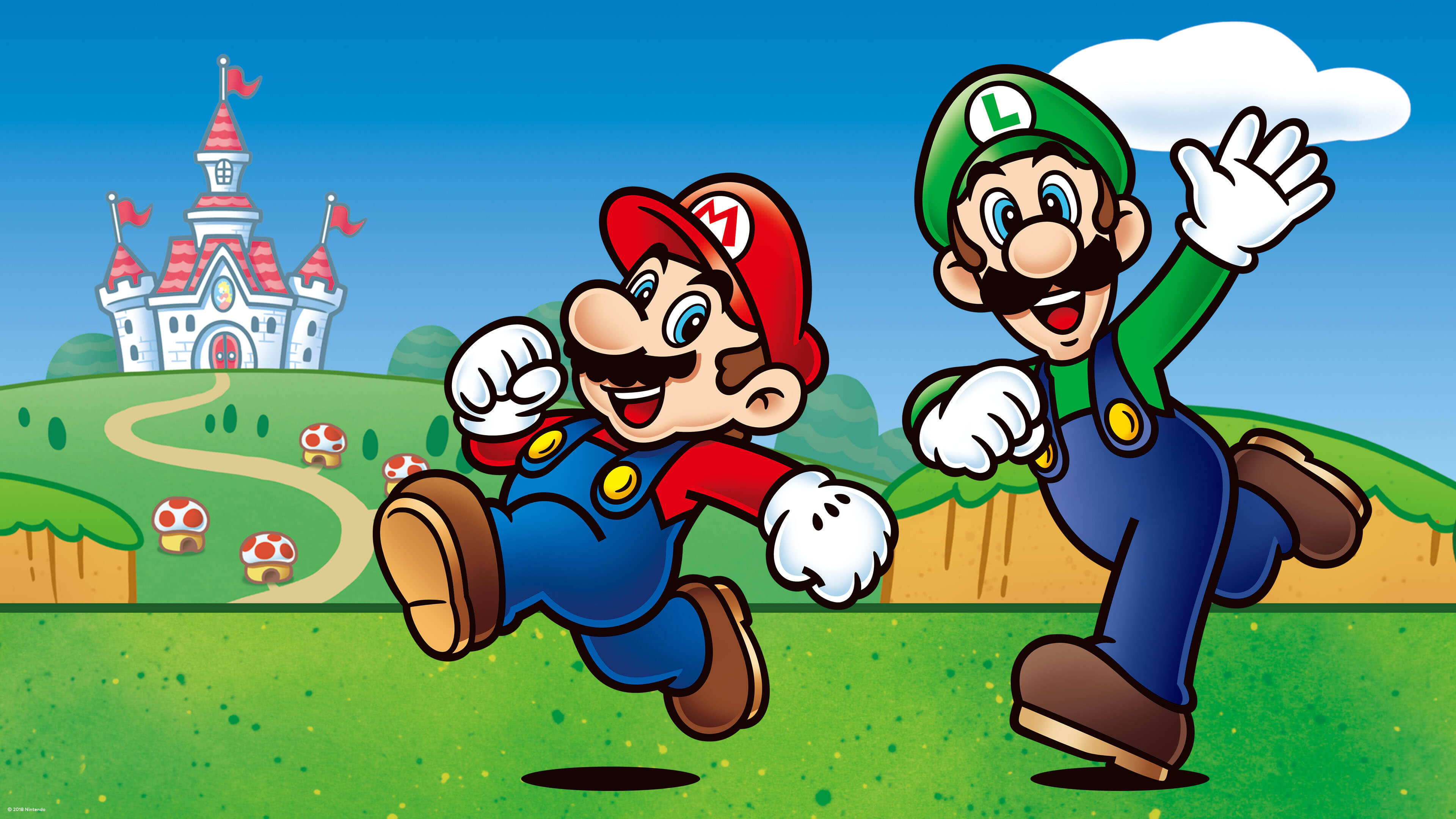 Mario And Luigi 桌布 壁紙 — 瑪利歐和路易吉在晴朗的藍天下，歡快地跑過一片充滿活力的綠色田野，朝著遠處的城堡前進。