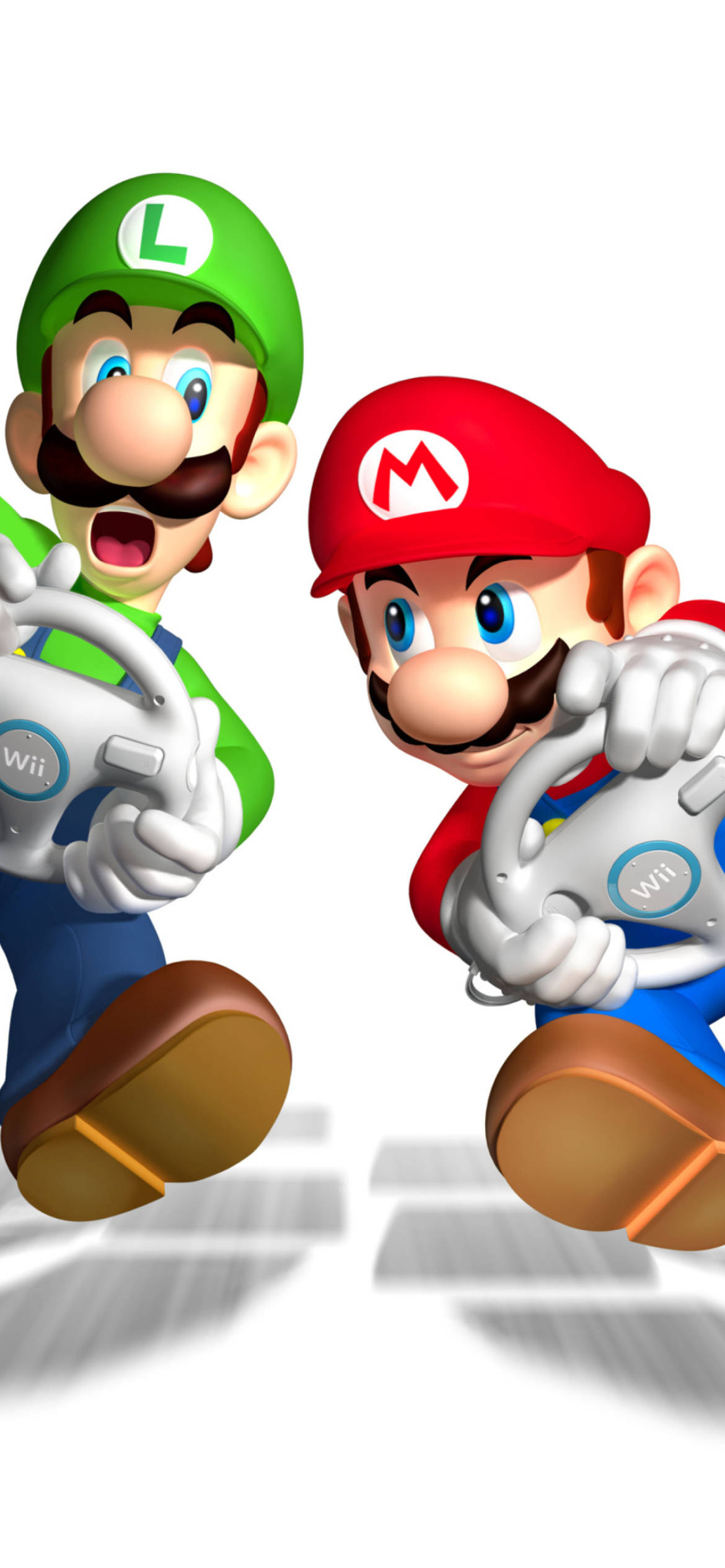 Mario And Luigi 桌布 壁紙 — 瑪利歐和路易吉在純白背景前以動態姿勢並排競速，手持Wii控制器。