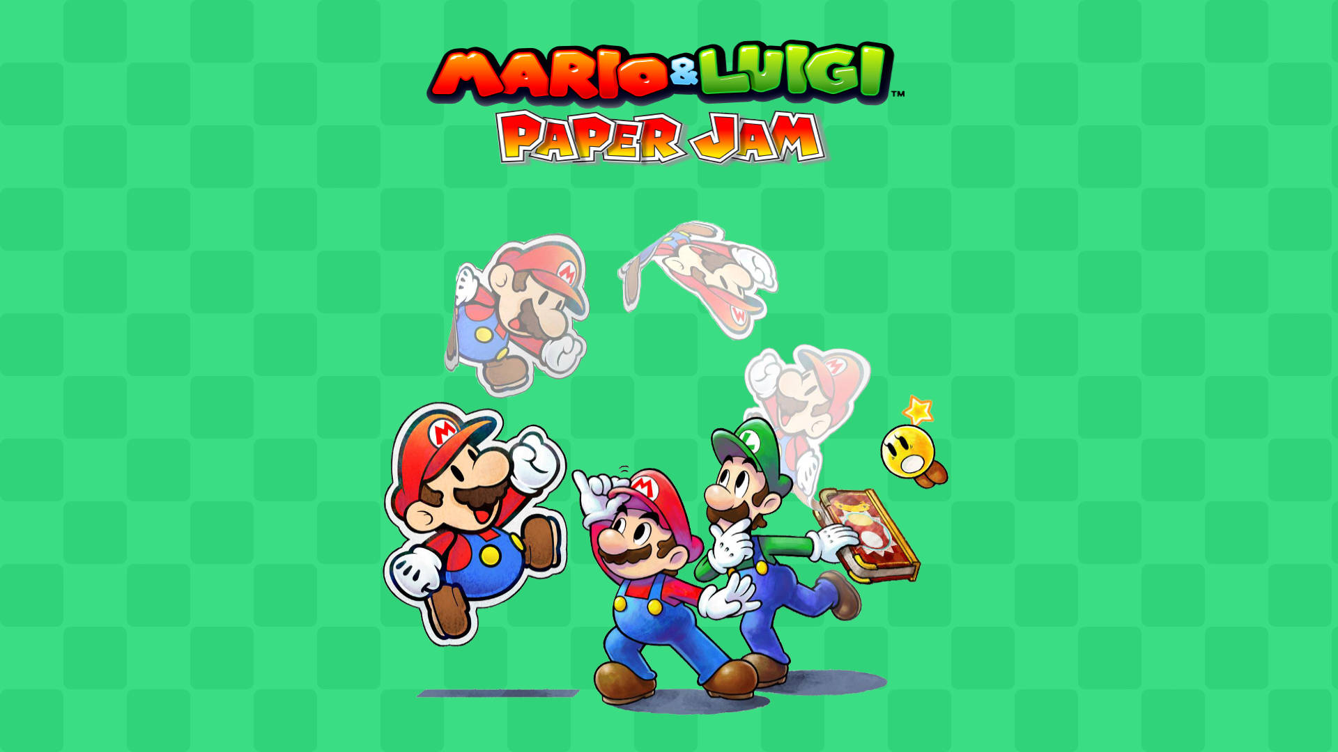 Mario And Luigi 桌布 壁紙 — 瑪利歐和路易吉在綠色格子背景上愉快地跳躍，周圍漂浮著他們自己和星星的紙剪影。