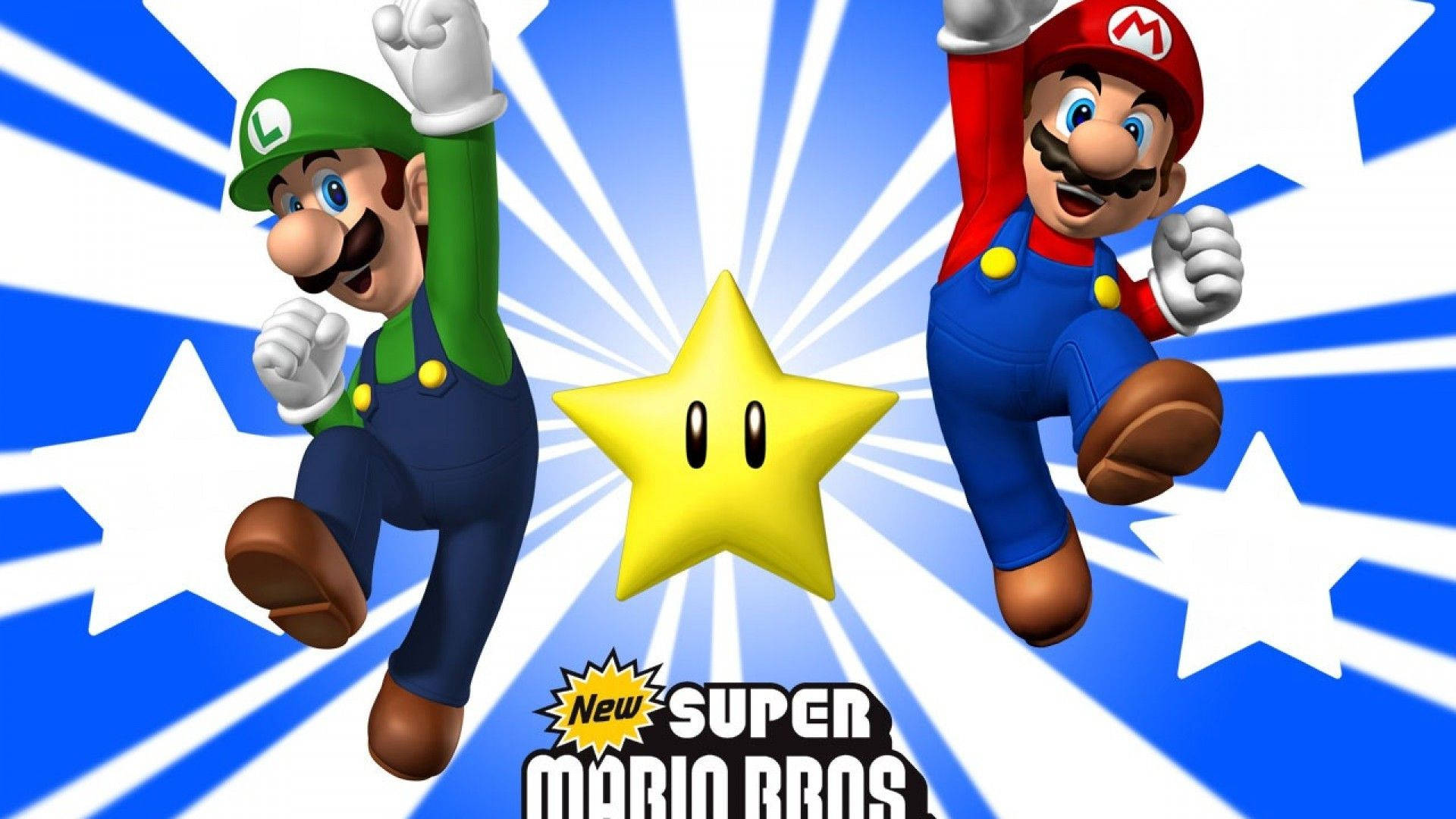 Mario And Luigi 桌布 壁紙 — 瑪利歐和路易吉在閃爍的星星旁邊，以動態的藍白星爆背景為襯托，歡快地跳躍。