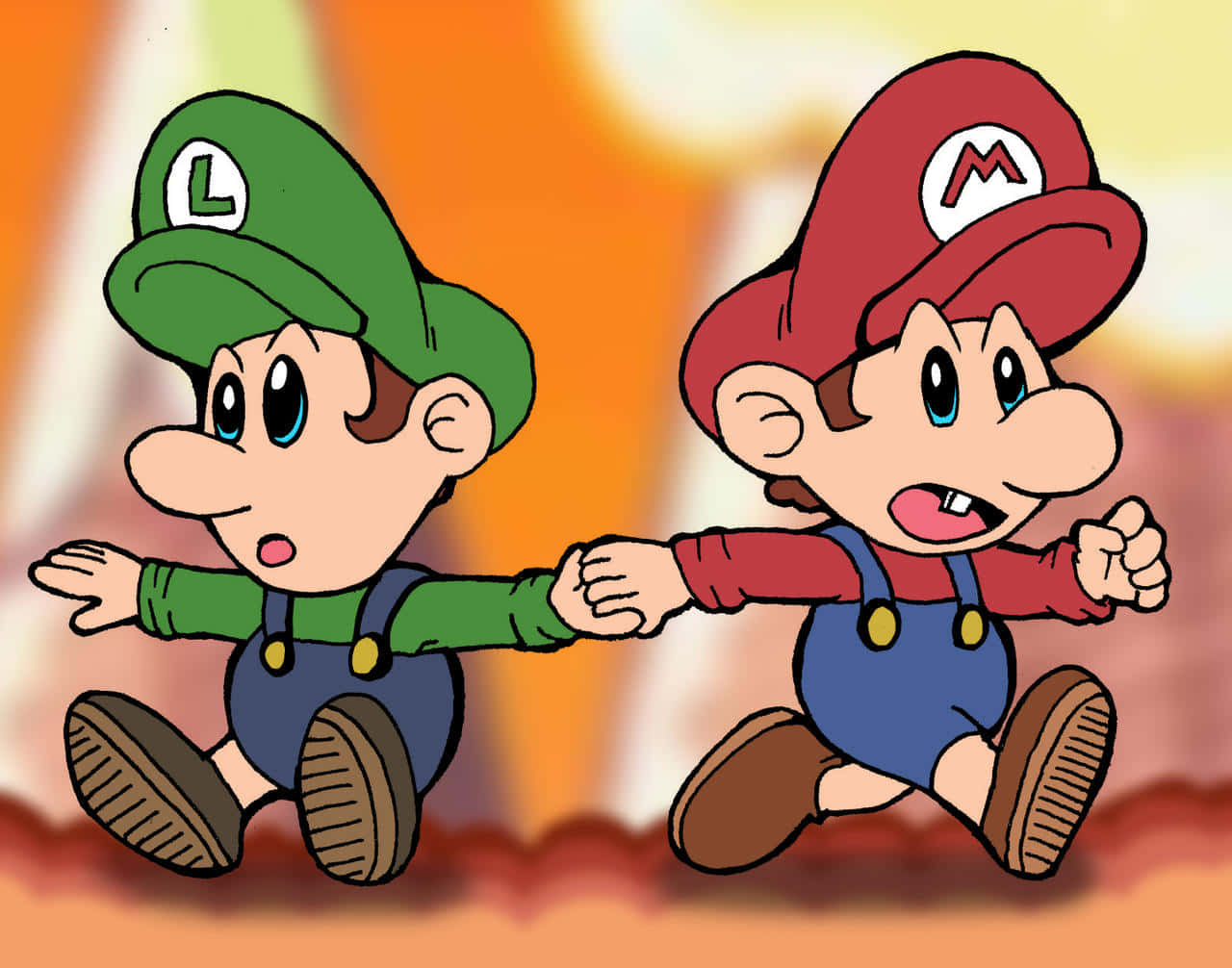 Baby Luigi 桌布 壁紙 — 瑪利歐和路易吉手牽手奔跑，帶著堅定的表情，背景是溫暖的日落。