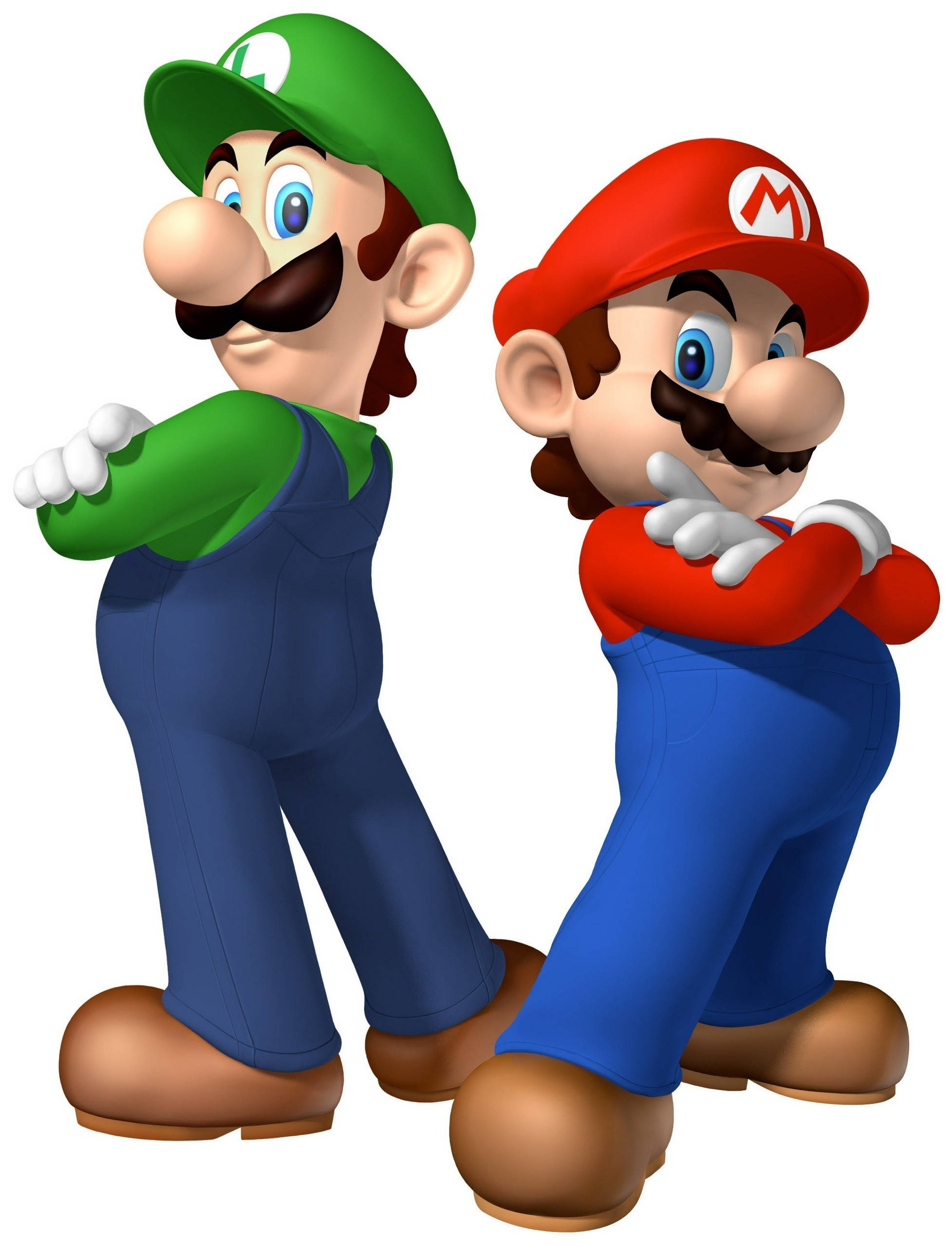 Mario And Luigi 桌布 壁紙 — 瑪利歐和路易吉穿著經典服裝，以自信的姿勢並排站在純白色背景前。