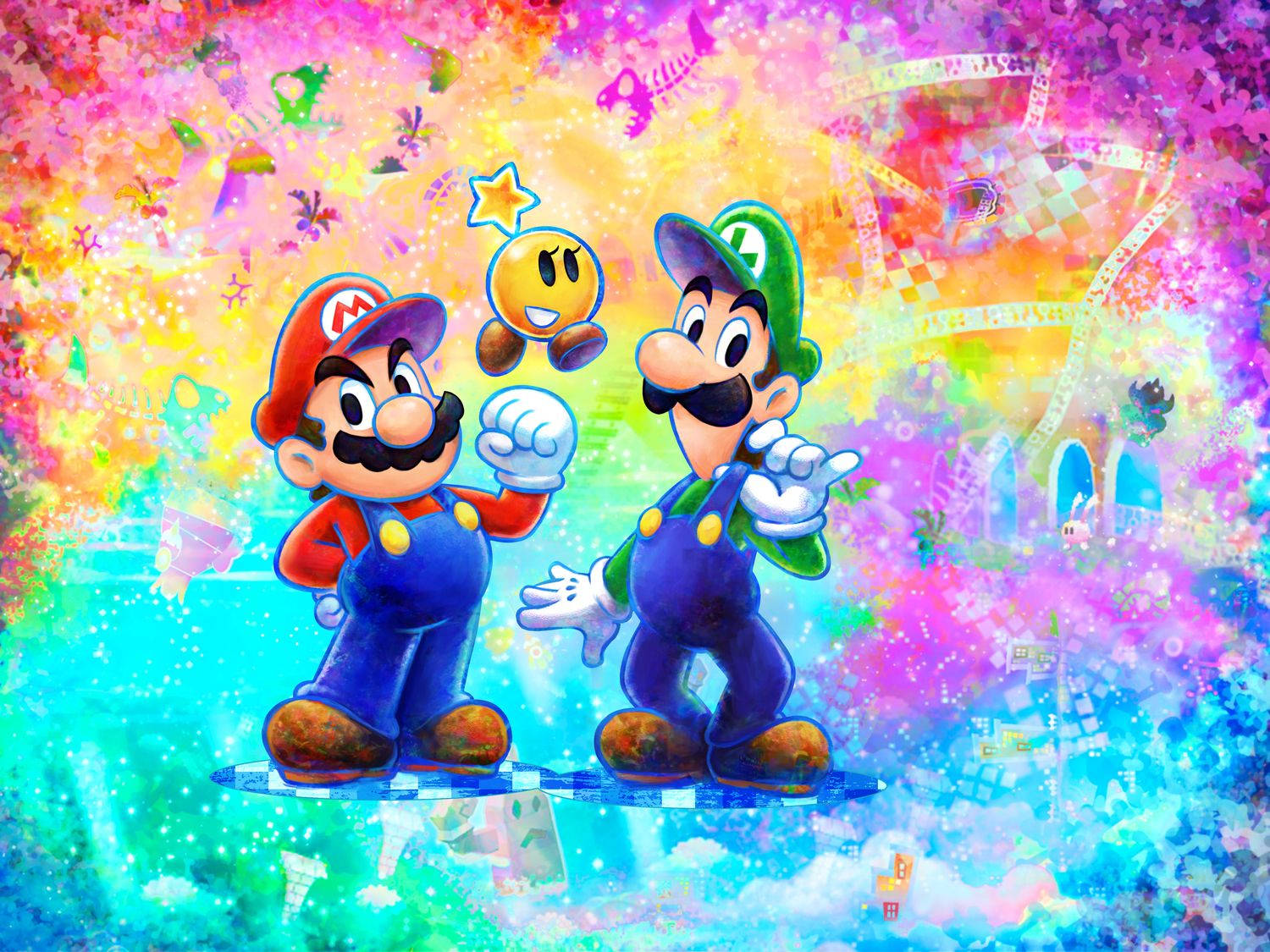 Mario And Luigi 桌布 壁紙 — 瑪利歐和路易吉站在一個棋盤格平台上，周圍是充滿活力的宇宙色彩爆炸和漂浮的遊戲元素。