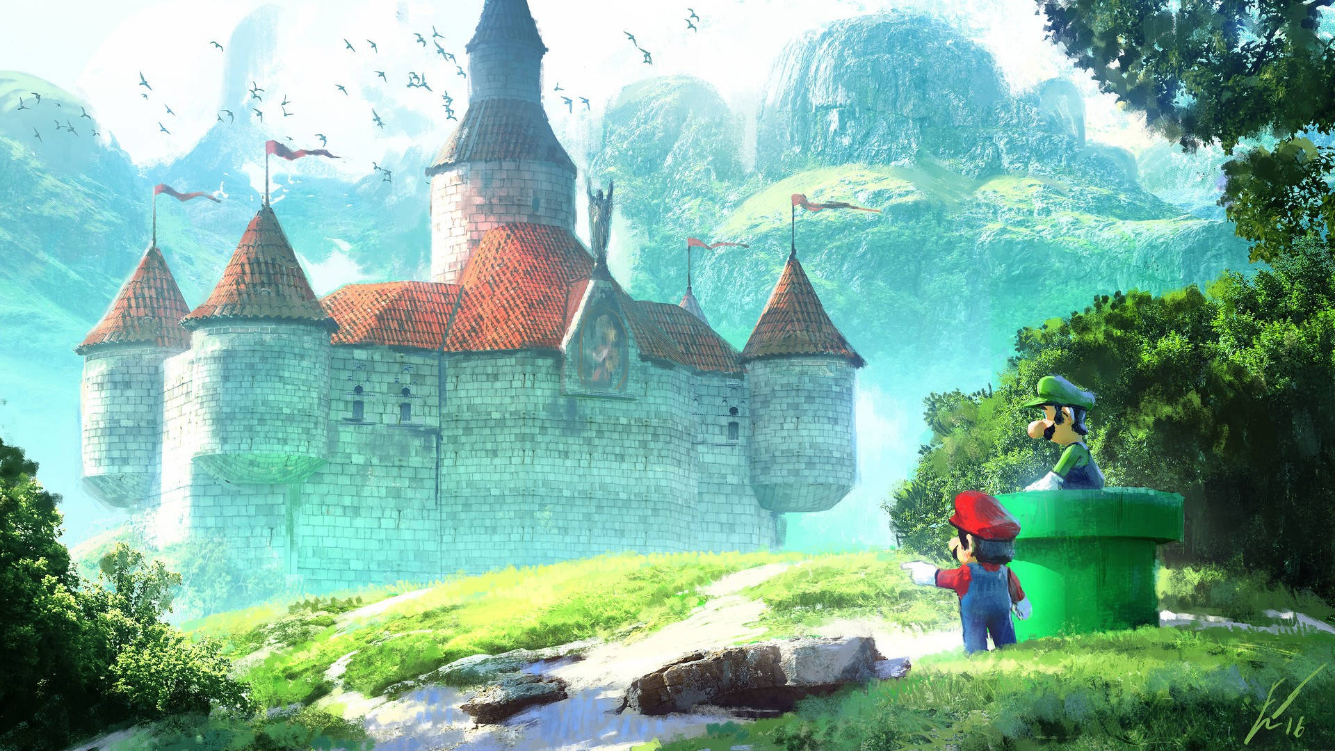 Mario And Luigi 桌布 壁紙 — 瑪利歐和路易吉站在一座雄偉的石造城堡前，城堡有紅色屋頂，坐落在晴朗天空下鬱鬱蔥蔥的綠色山谷中。