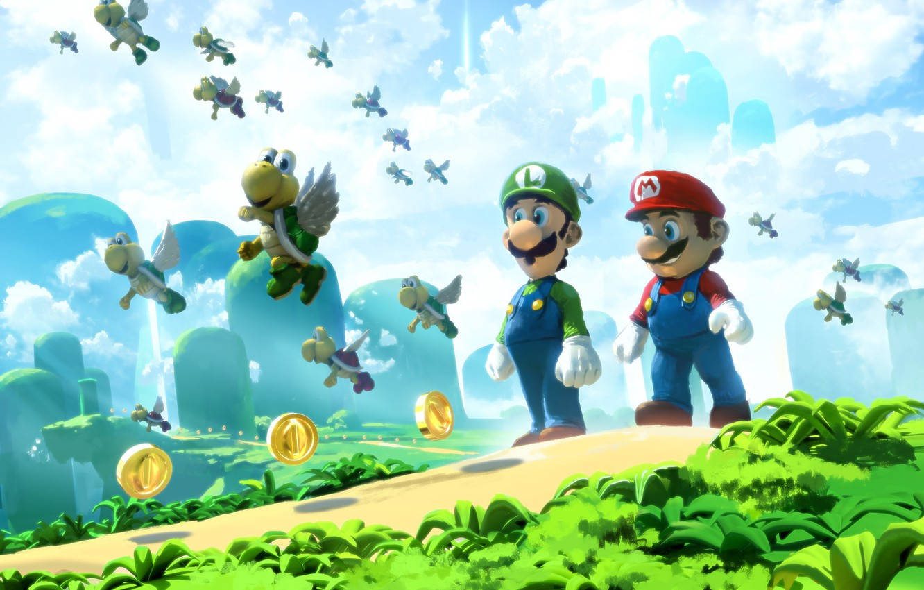 Mario And Luigi 桌布 壁紙 — 瑪利歐和路易吉站在一條草地上，飛行的庫巴和金幣在明亮的幻想風景中圍繞他們旋轉。