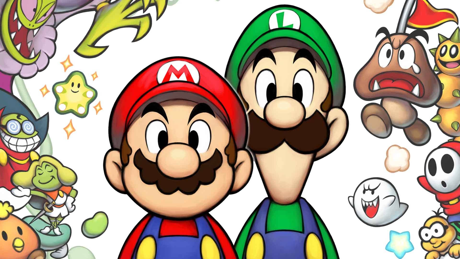 Mario And Luigi 桌布 壁紙 — 瑪利歐和路易吉站在前方中央，被標誌性的任天堂角色如栗寶寶和幽靈包圍，呈現充滿活力的卡通風格。