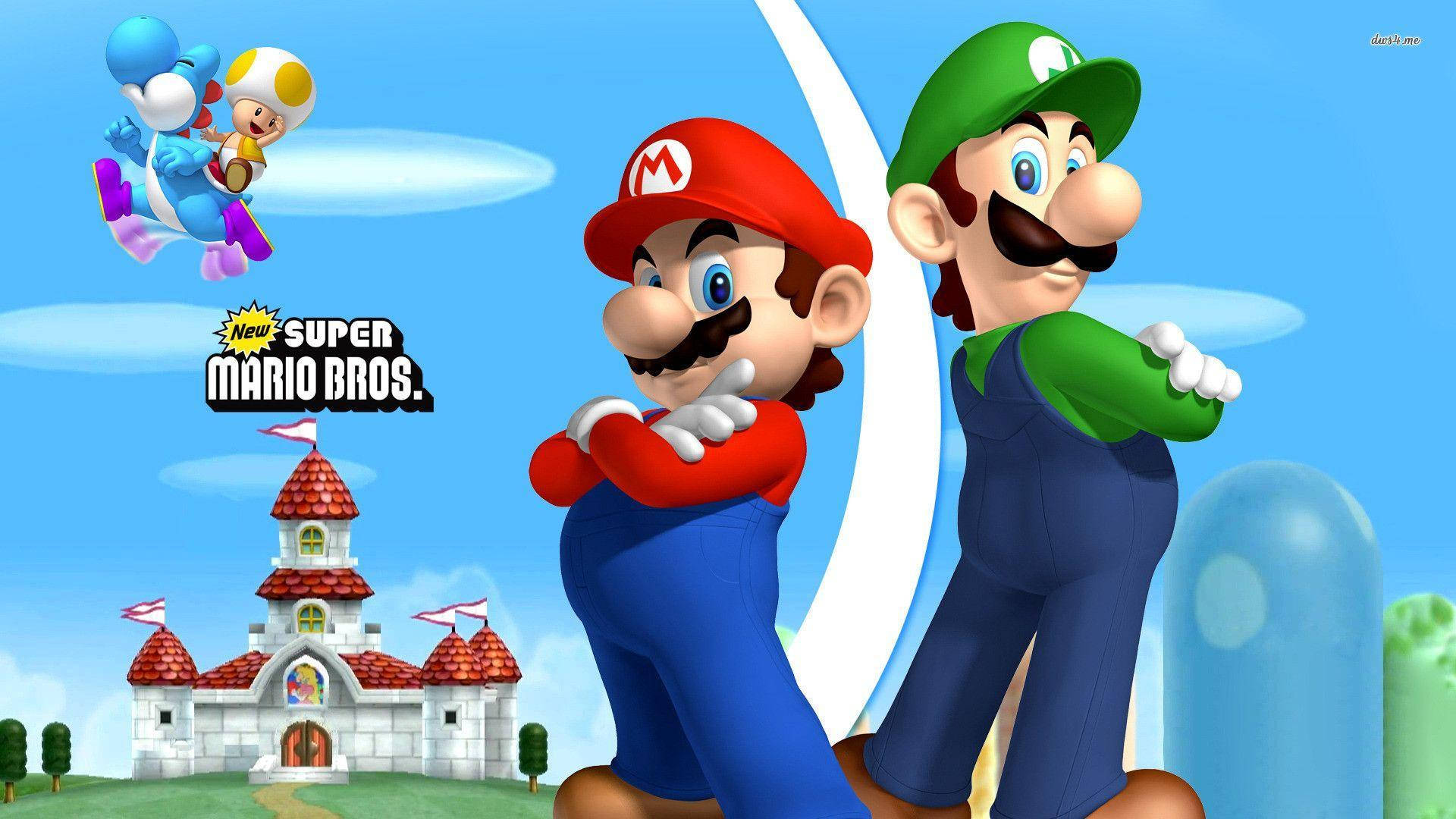 Mario And Luigi 桌布 壁紙 — 瑪利歐和路易吉自信地站在城堡前，奇諾比奧騎著藍色耀西在空中。