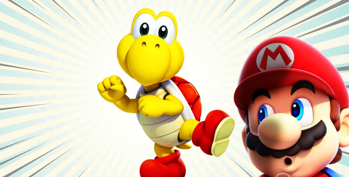 Koopa Troopa 桌布 壁紙 — 瑪利歐和黃色慢慢龜在帶有放射狀藍色和白色線條的陽光背景下動態奔跑。