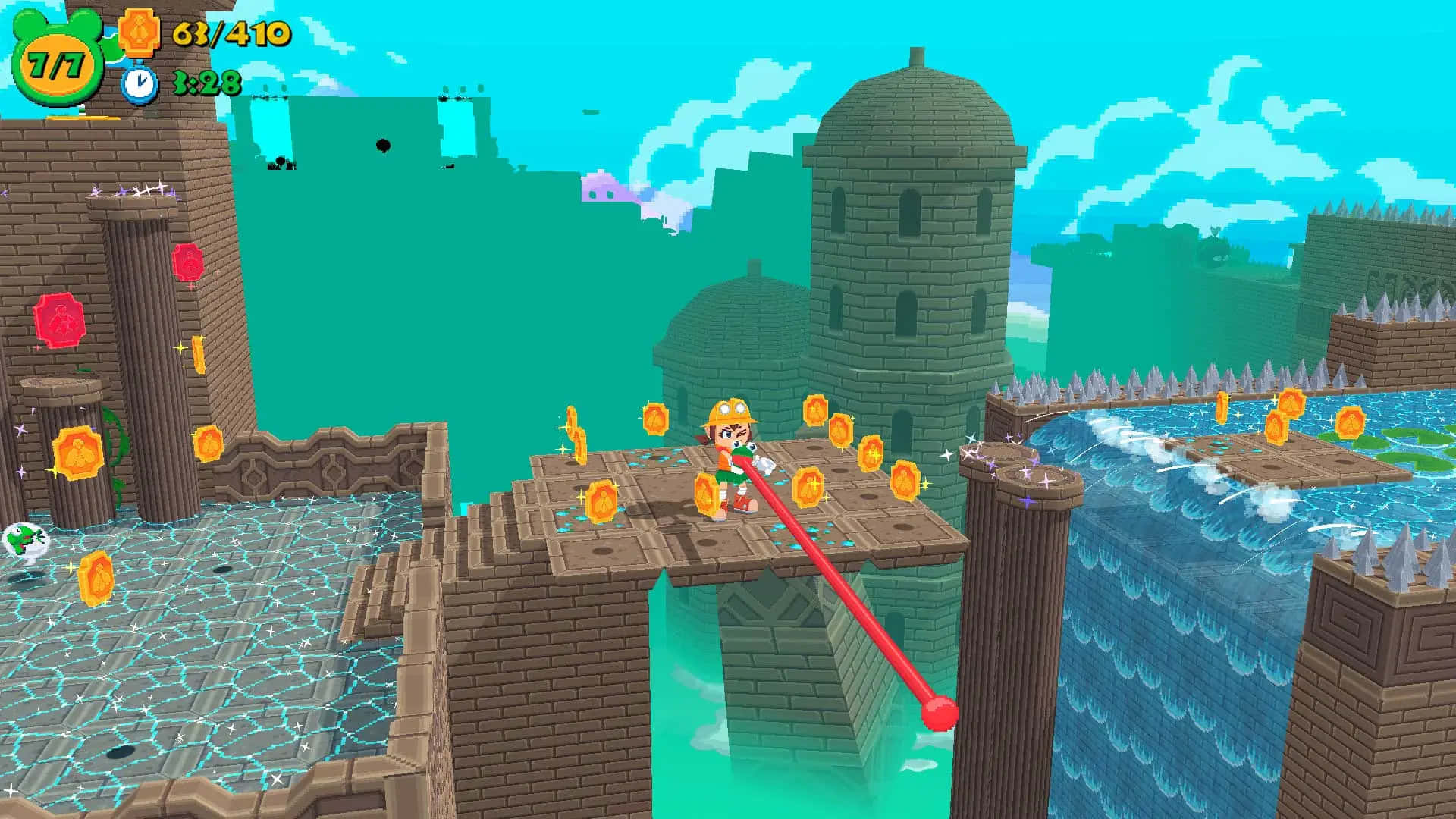 Platform Games 桌布 壁紙 — 瑪利歐在一個充滿活力的3D渲染城堡關卡中跳過浮動石平台，下方有發光金幣和藍綠色水。