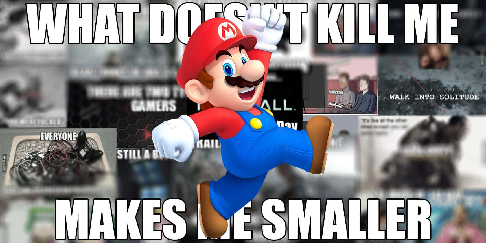 Gaming Memes 桌布 壁紙 — 瑪利歐帶著勝利的笑容，在遊戲迷因和文字疊加的拼貼畫前向前跳躍。