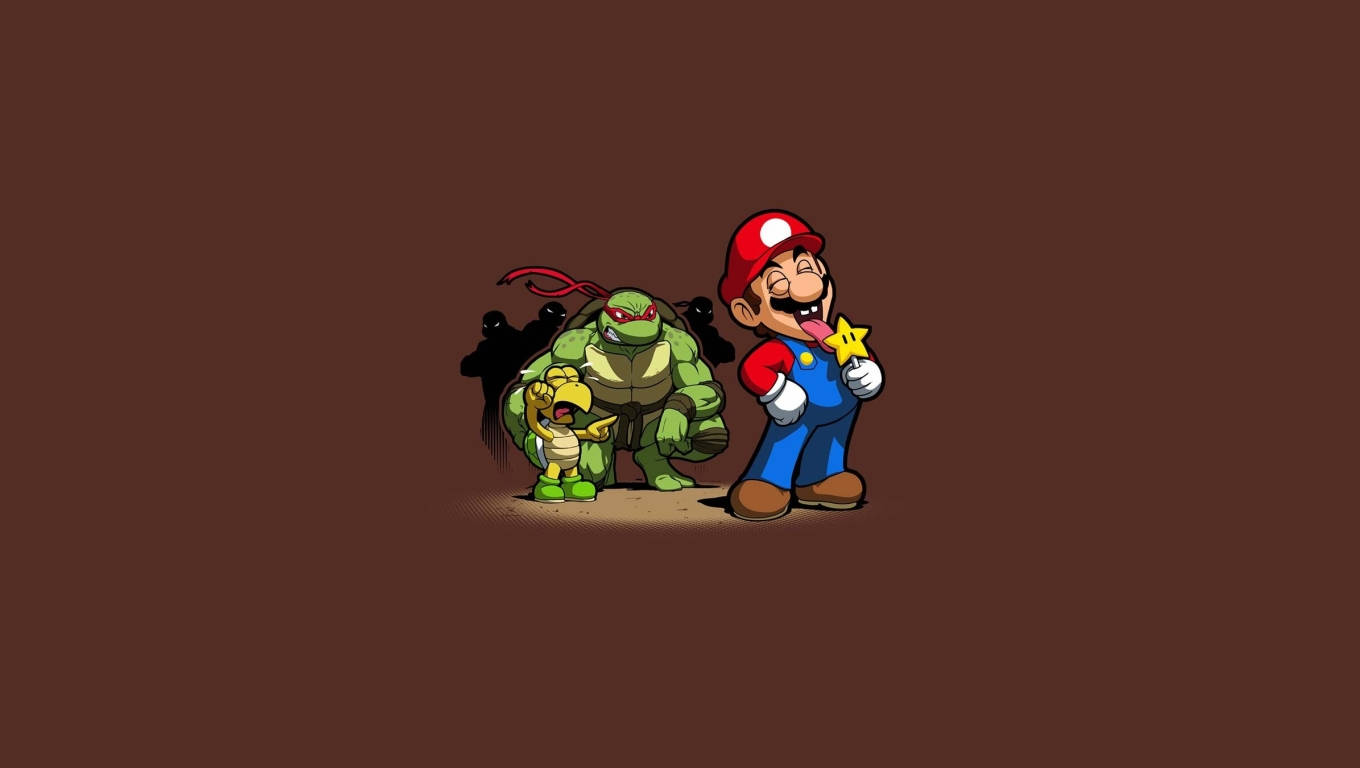Ninja Turtle 桌布 壁紙 — 瑪利歐手持星星，站在一隻戴紅色頭巾的綠色烏龜和一隻黃色小生物旁邊，背景為純棕色。